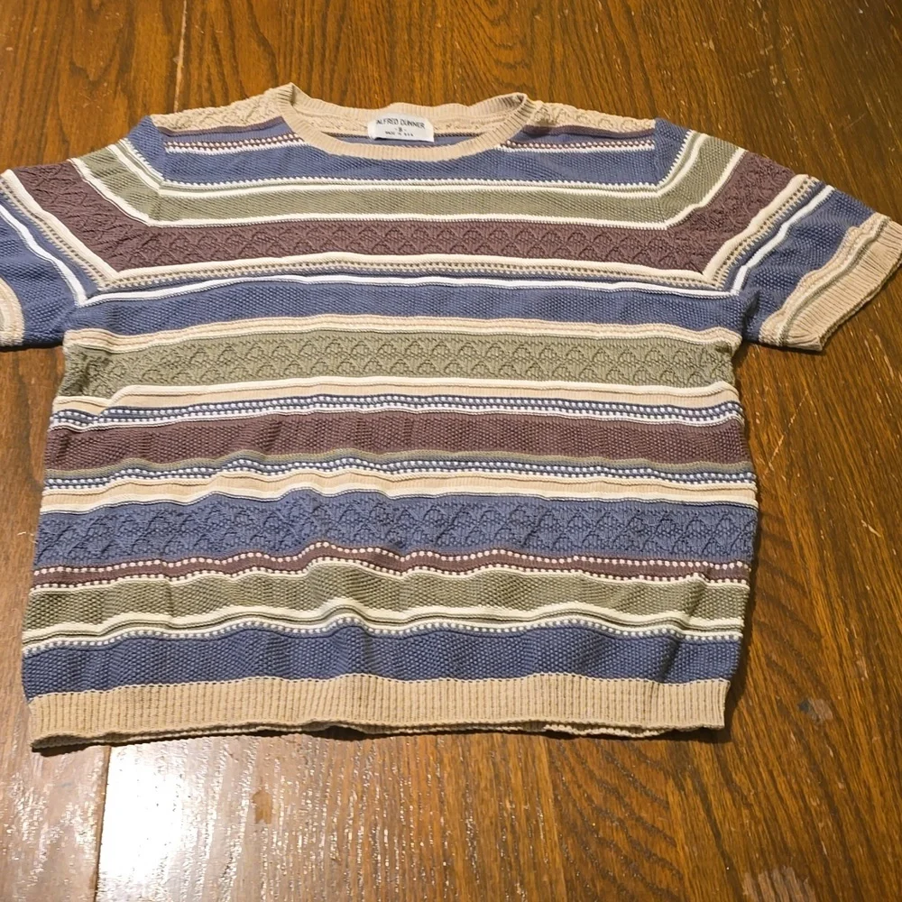 Alfred Dunner Sweater Blue, green and cream striped Short Sleeve Small